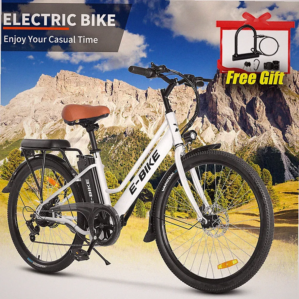 750W 26'' Electric Bicycle 7 Speed Fat Tire Snow Beach City E-bike White